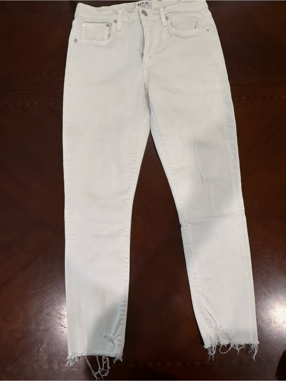 Agolde Woman Slim White Jeans with Distressed Hem